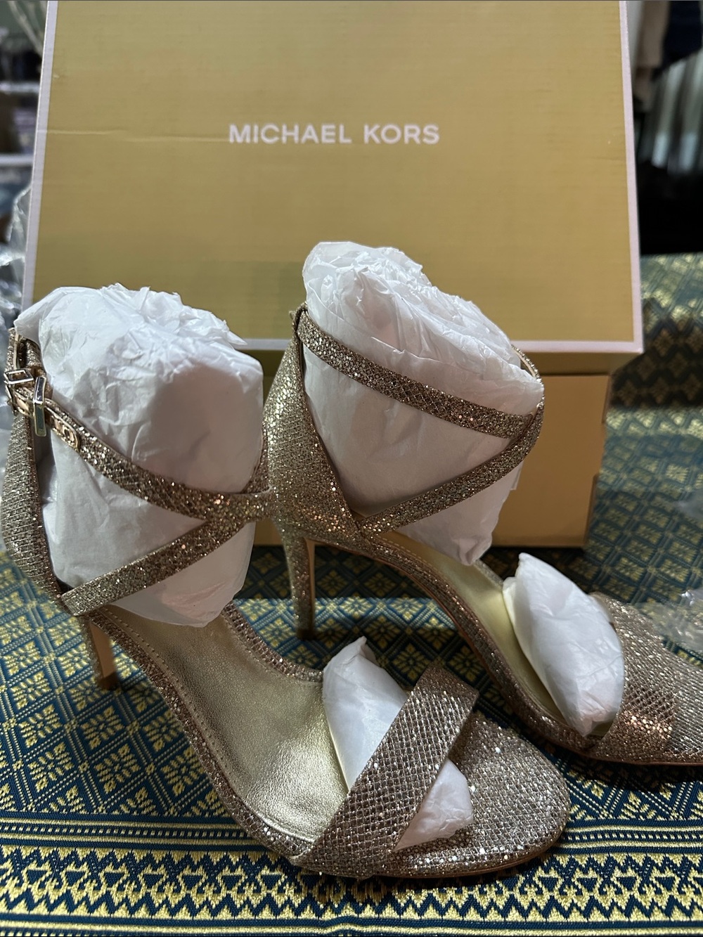 Michael Kors Gold Glitter Strappy Stiletto Sandals
